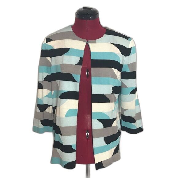 Ming Wang Blue and Black Knit Blazer Women Size Small Classic Stripes 3/4 Sleeve - Picture 1 of 7